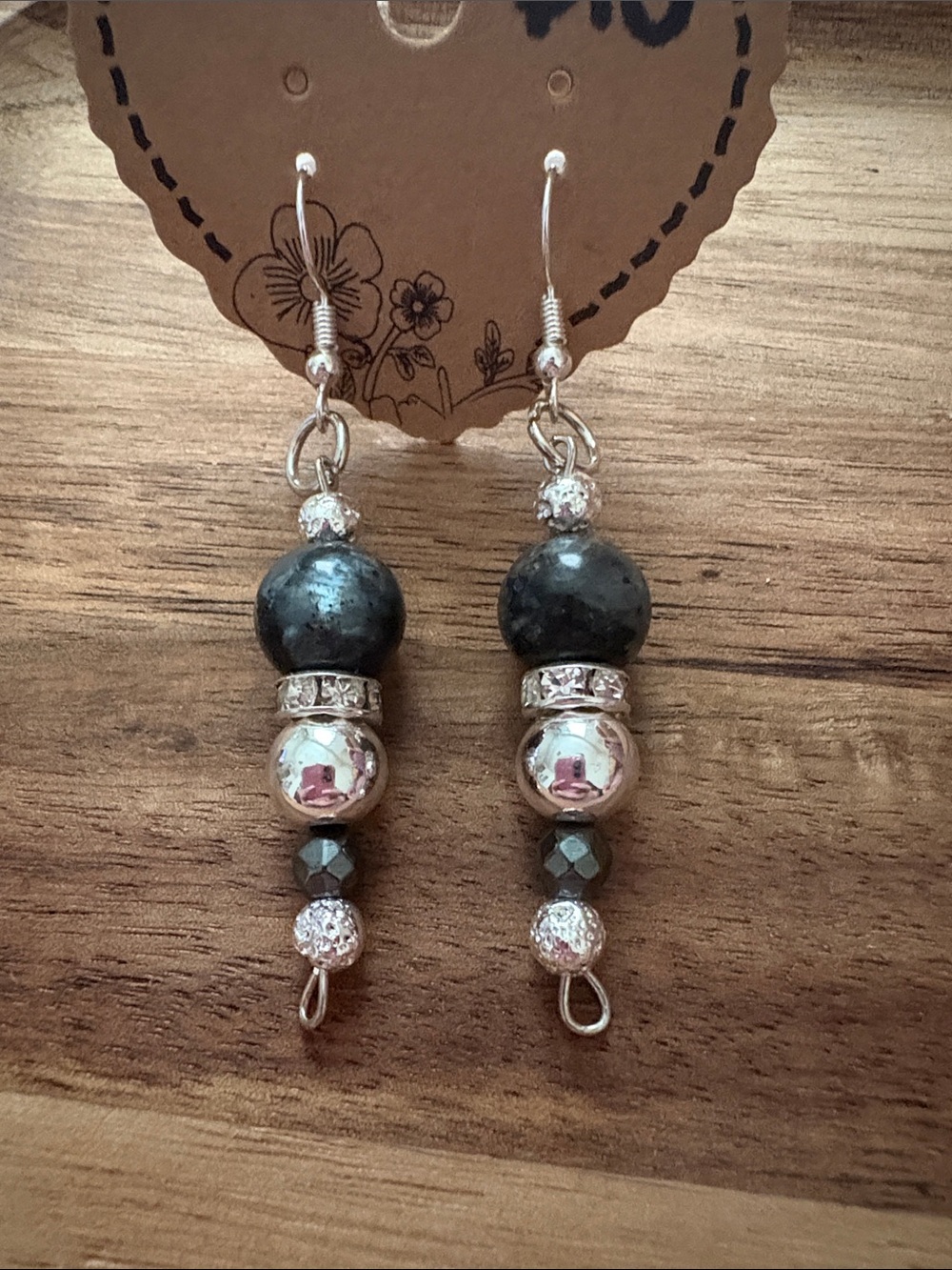 Handmade Silver & Black Bead Drop Earrings- Labradorite, Lava Stone, Hematite